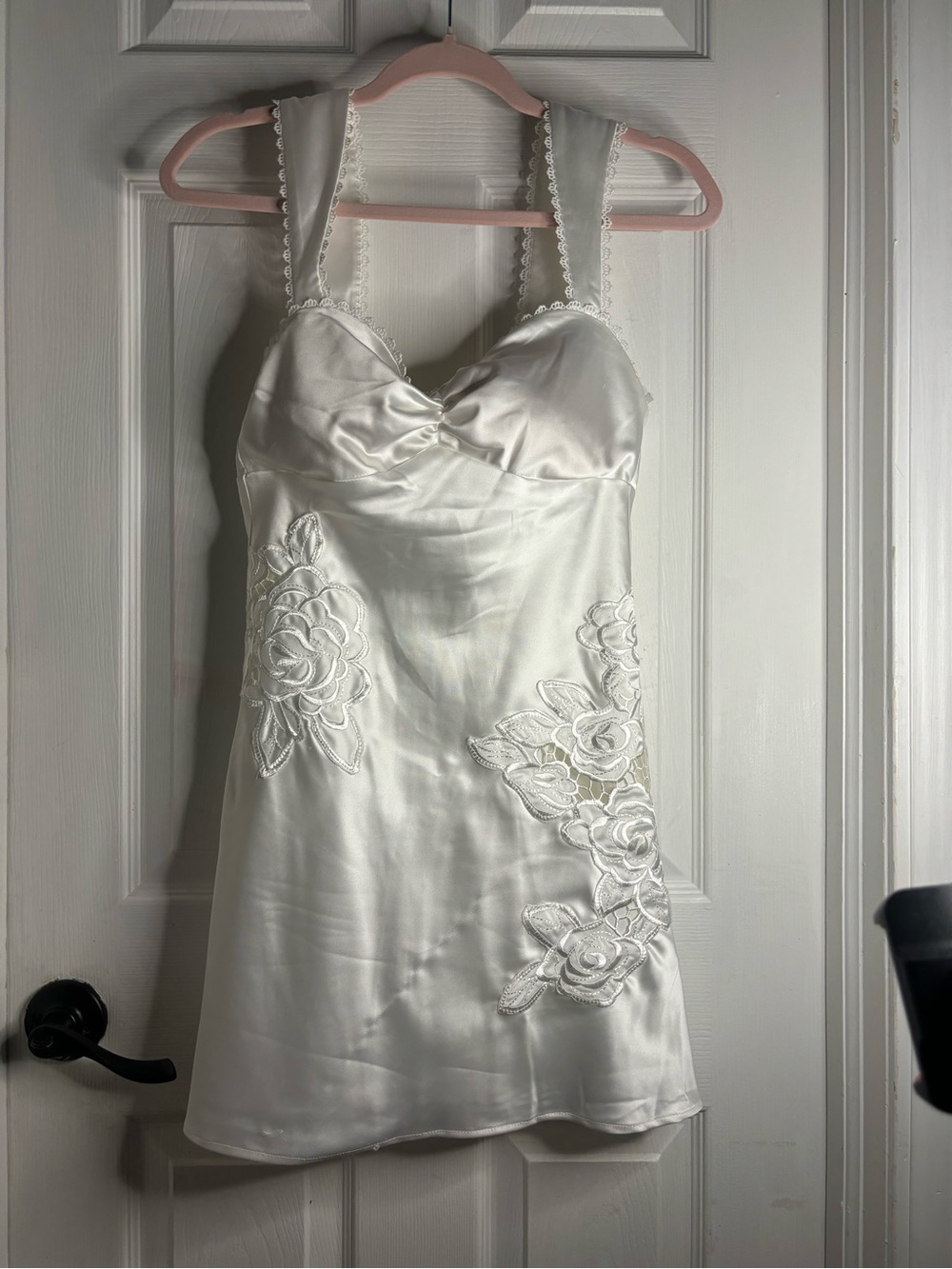 Nordstrom White Satin Mini Dress with Floral Appliqué